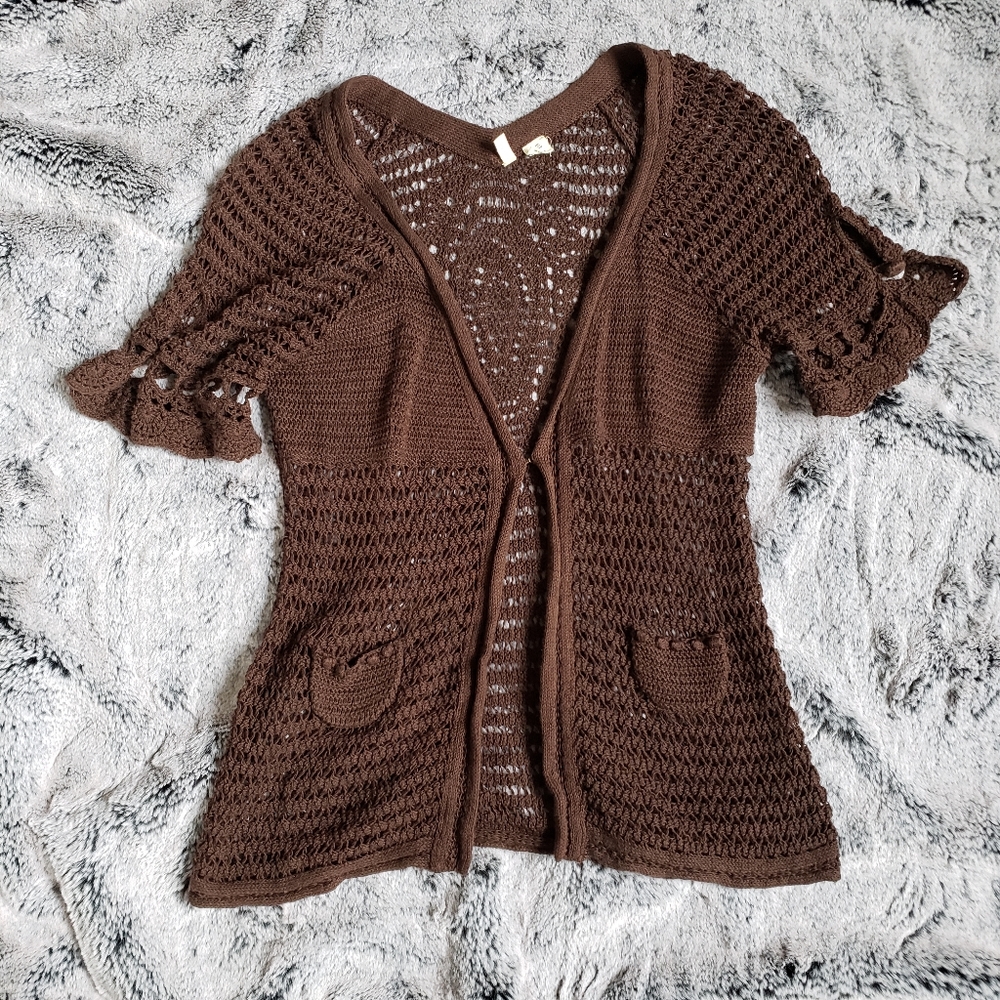 Anthropologie Moth Chocolate Linen/Cotton Crochet Cardigan, L